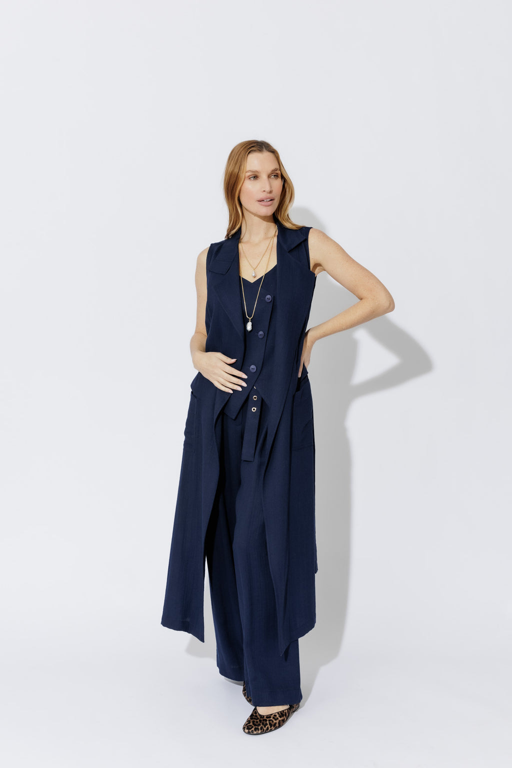 Navy Linen Trench Vest