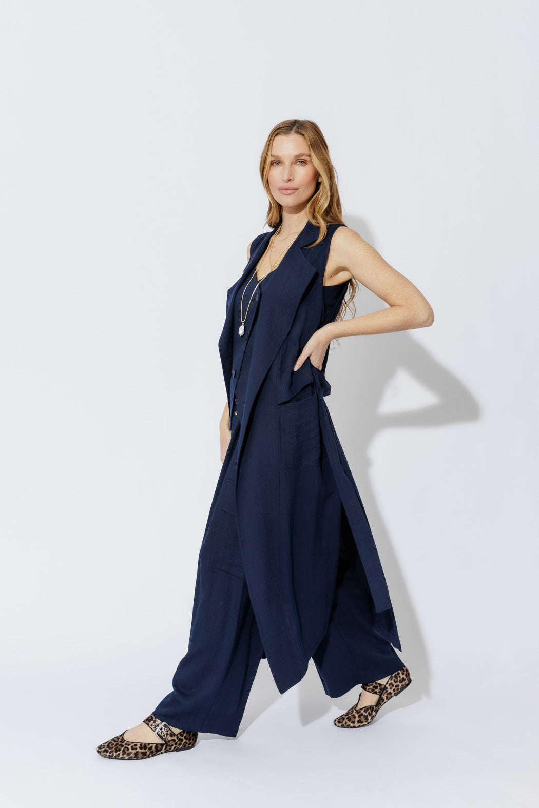 Navy Linen Trench Vest