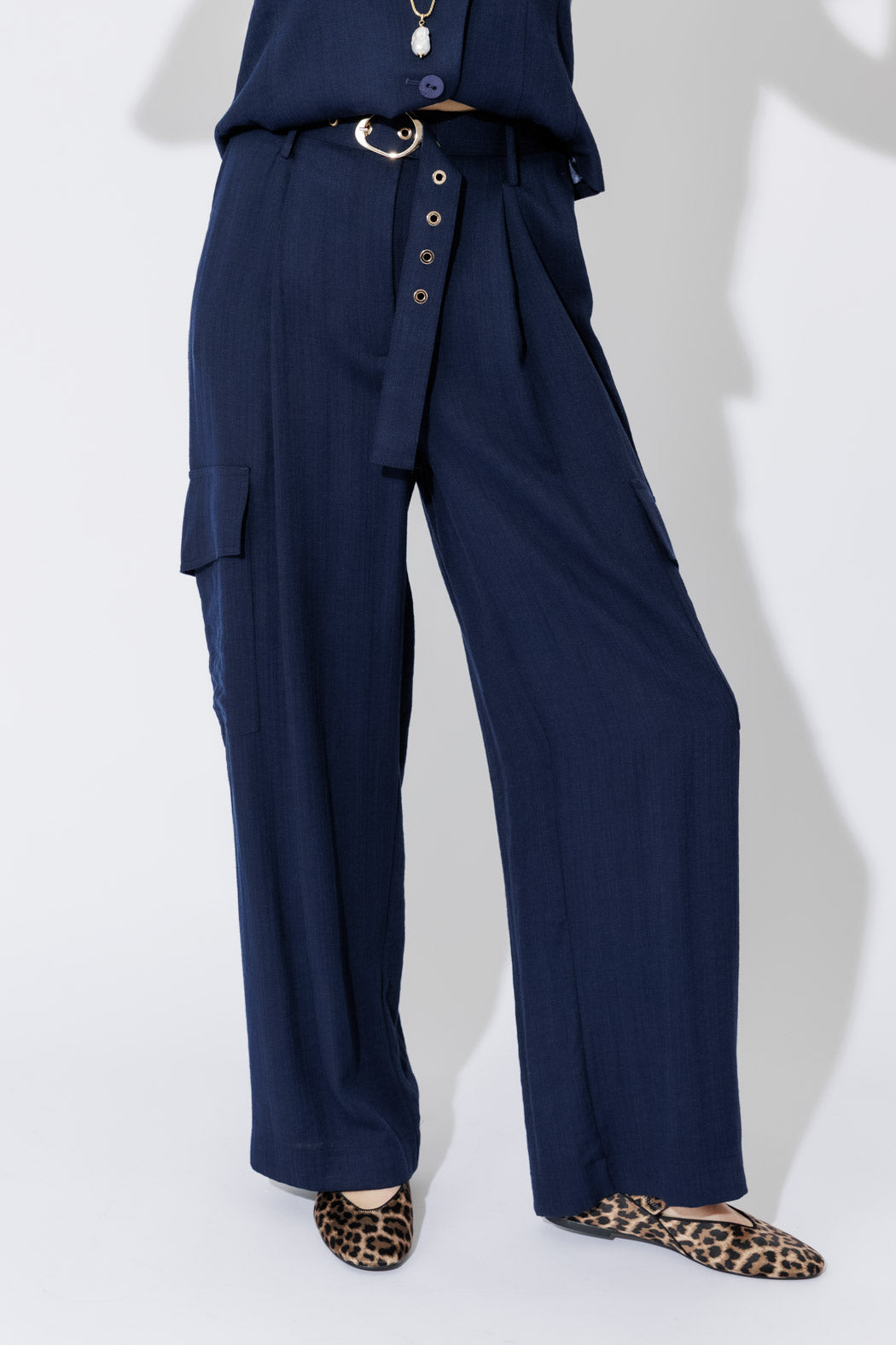 Navy Linen Cargo Pant