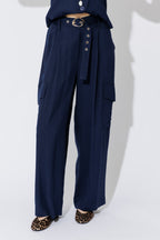 Navy Linen Cargo Pant
