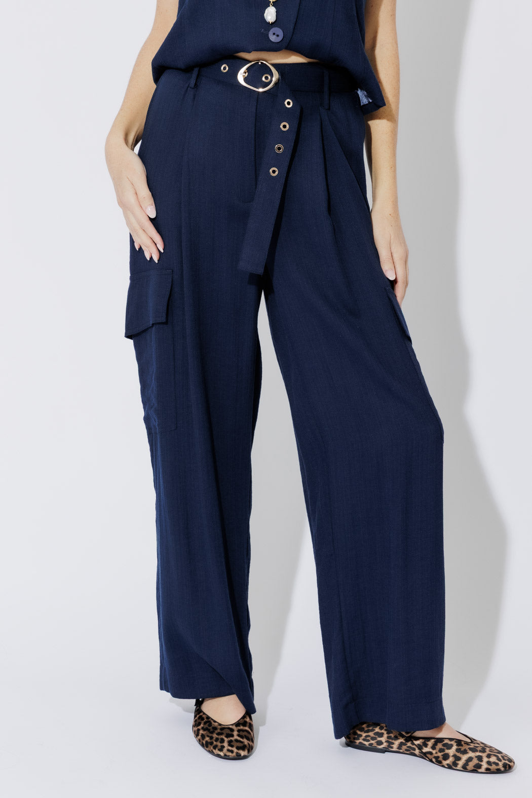 Navy Linen Cargo Pant