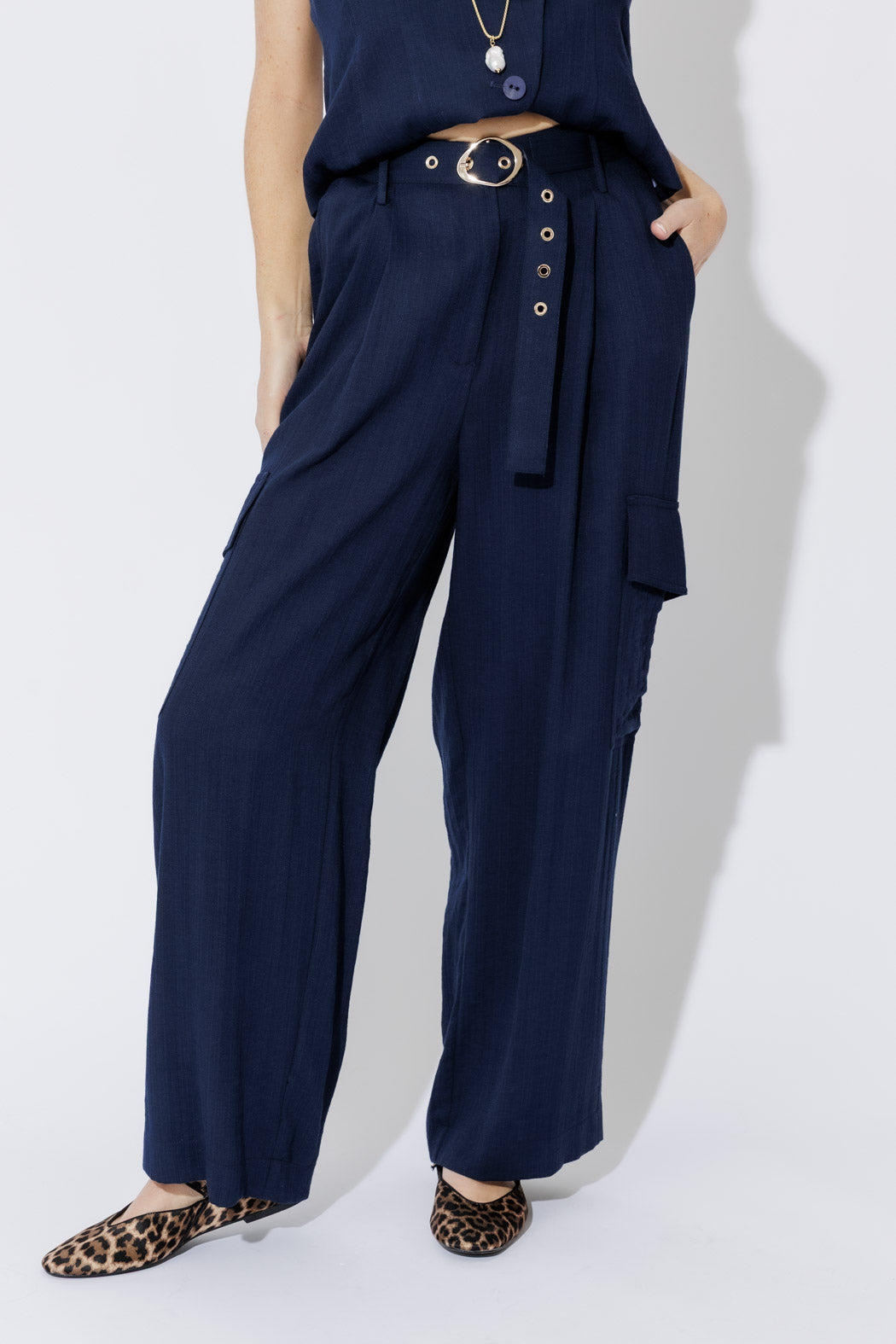Navy Linen Cargo Pant