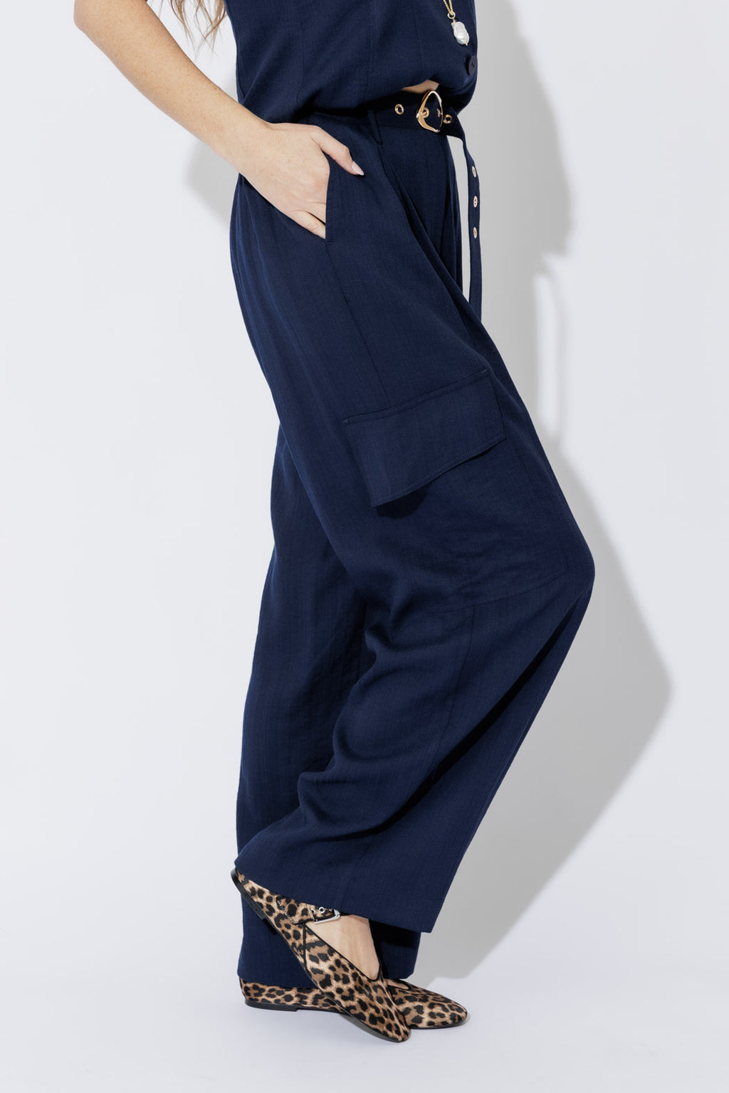 Navy Linen Cargo Pant
