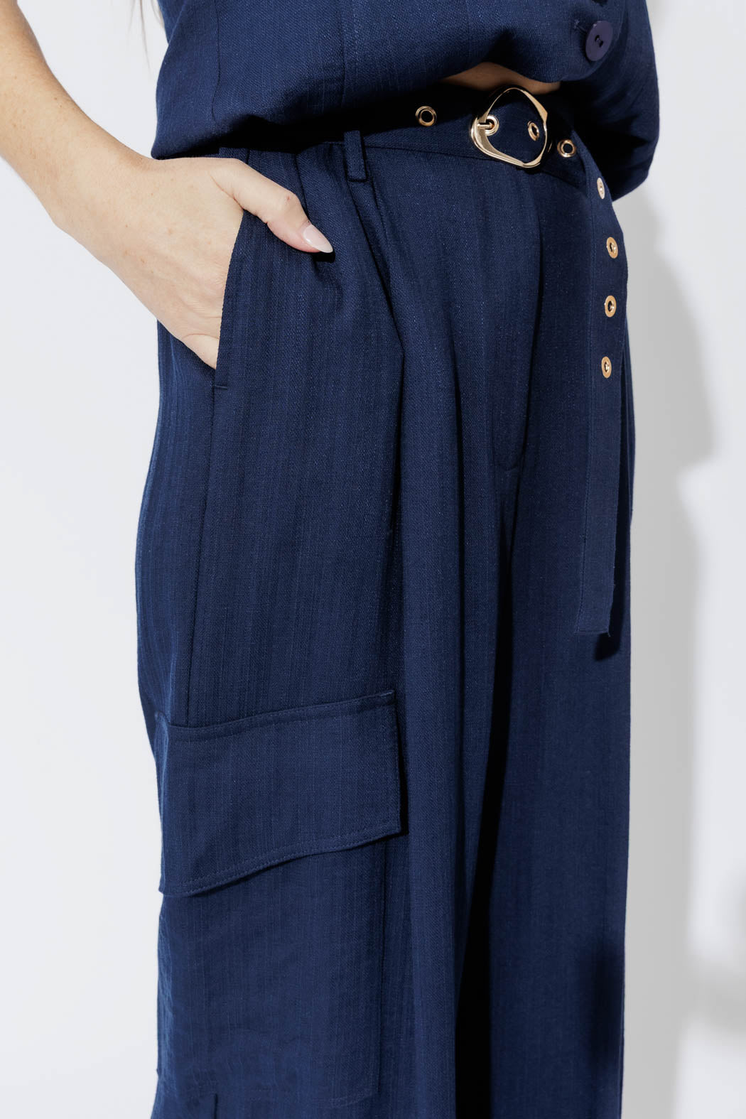 Navy Linen Cargo Pant