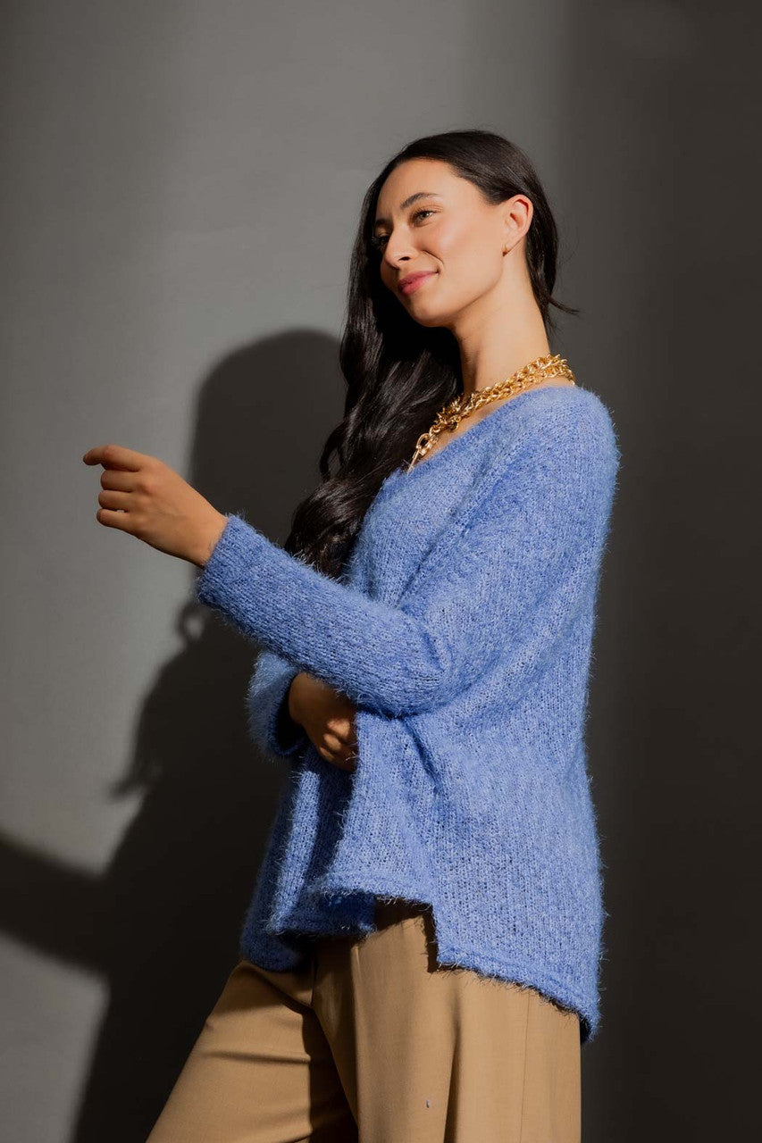 Cornflower Fluffy V Neck Jumper