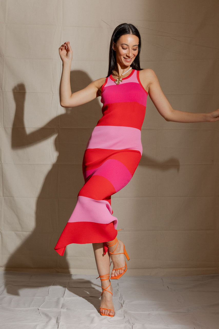 Pink / Hot Pink / Red Stripe Rib Dress