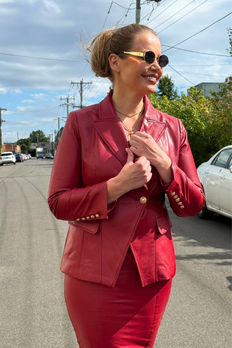 Deep Red Faux Leather Sisca Blazer