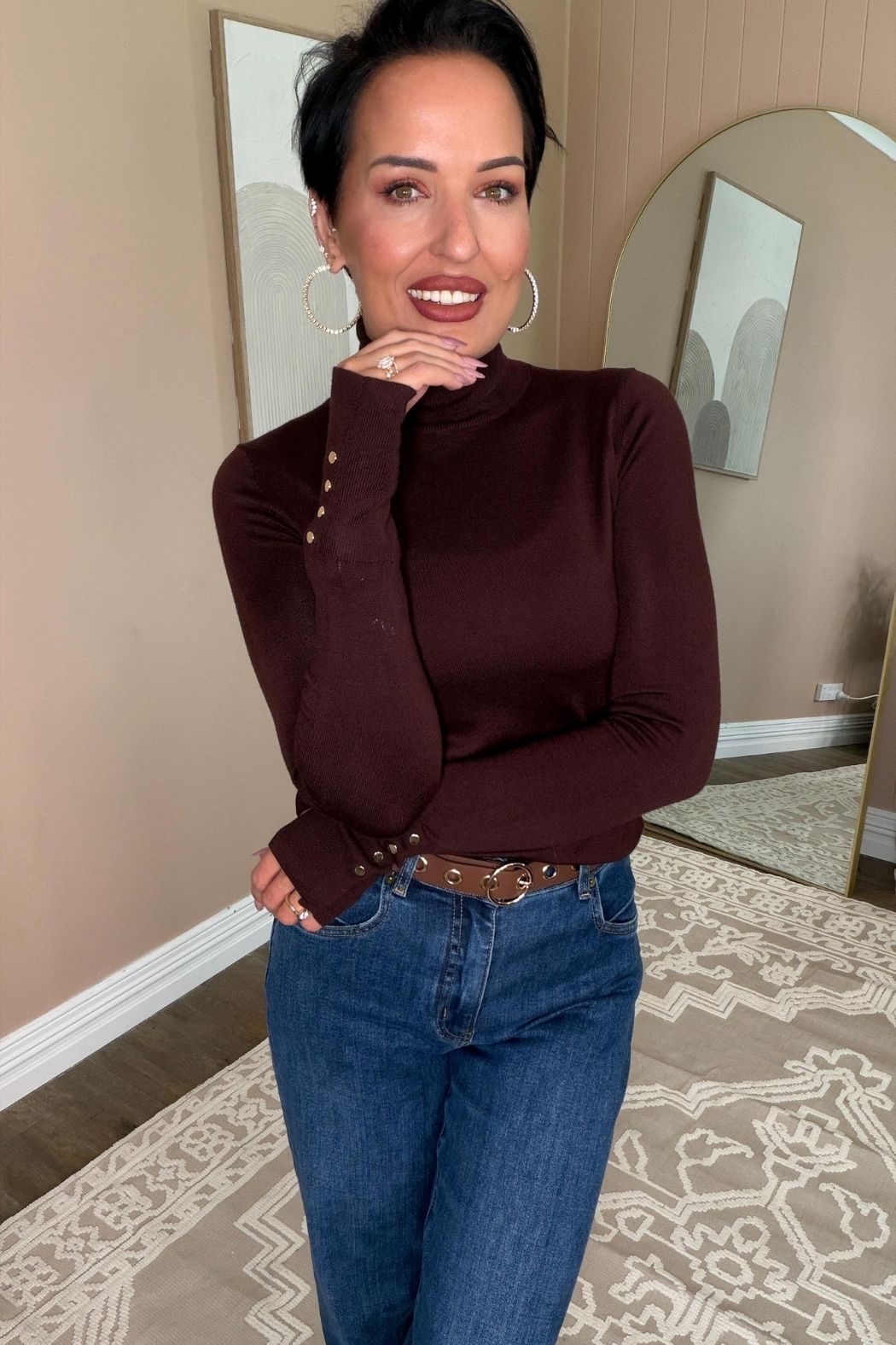 Chocolate Fine Knit Roll Neck Top