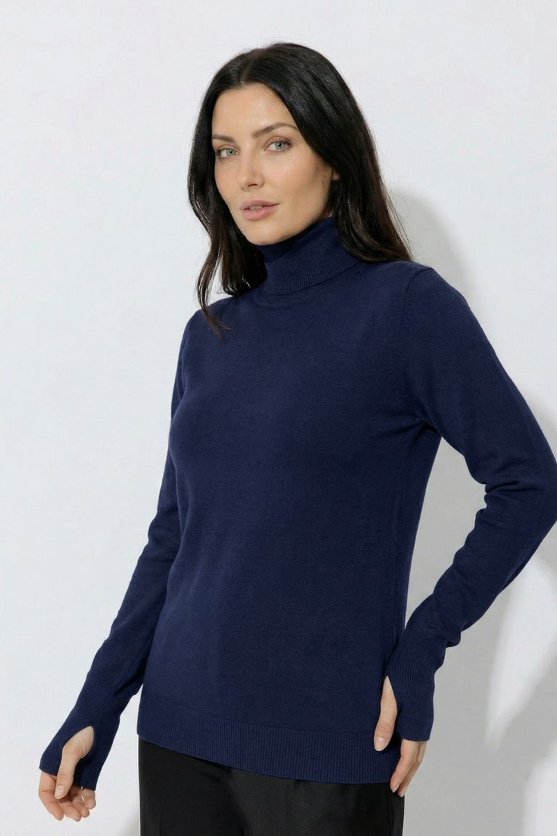 Navy Fine Knit Roll Neck Top