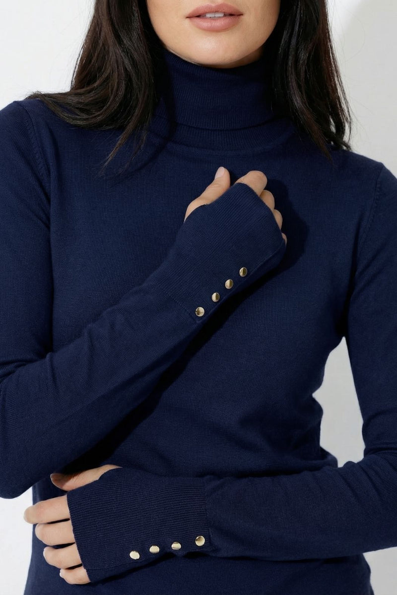 Navy Fine Knit Roll Neck Top