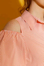 Orange Gingham Cold Shoulder Shirt Gingham