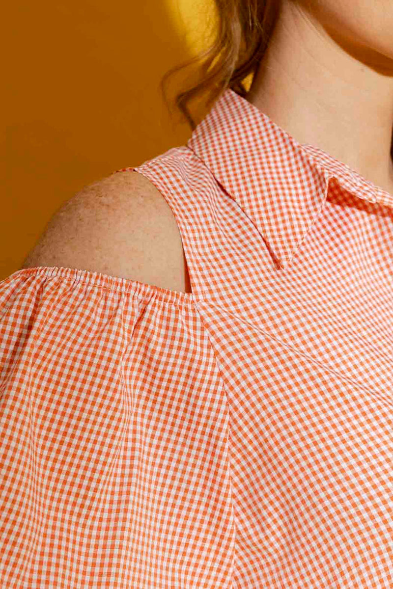 Orange Gingham Cold Shoulder Shirt Gingham