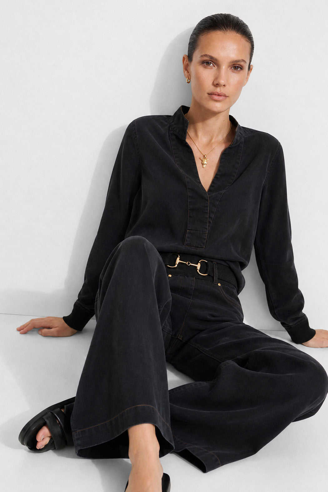 Washed Black Denim Rib Cuff Blogger Shirt