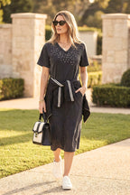 Charcoal Washed Cotton Diamante Dress