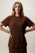 Chestnut Tencel Embellished T-Shirt