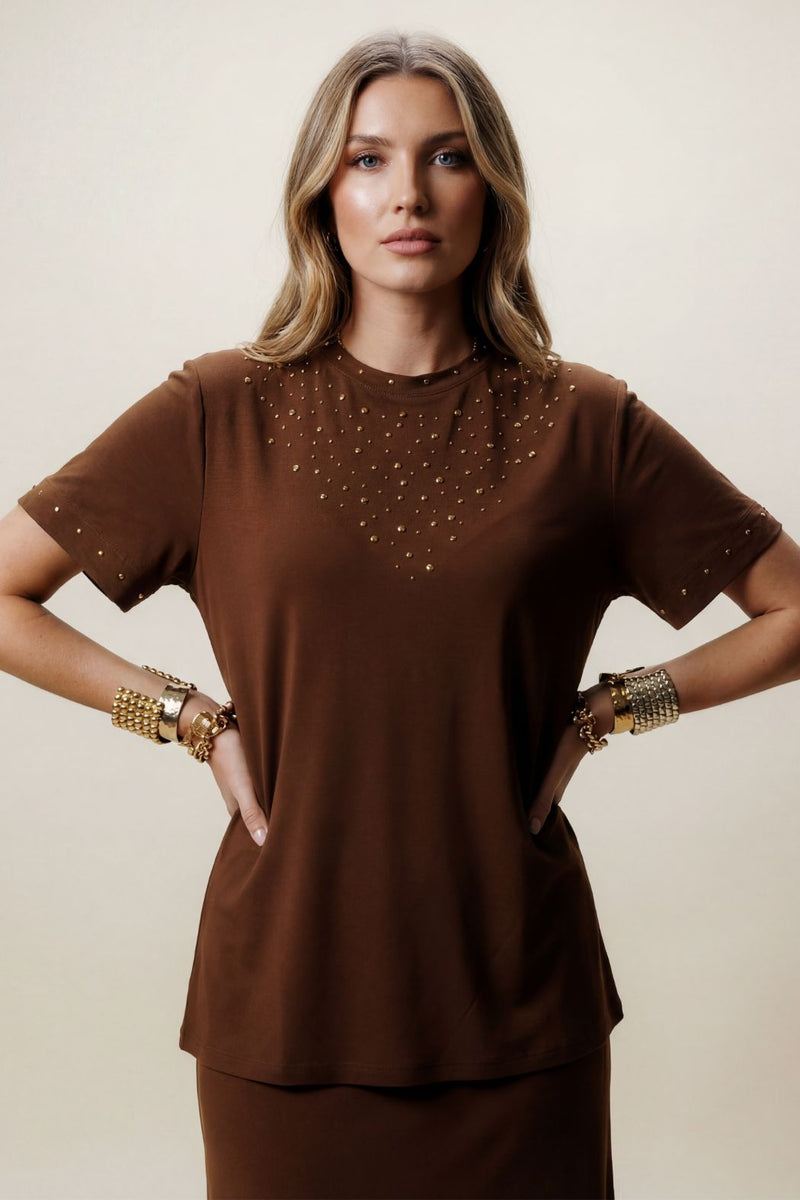 Chestnut Tencel Embellished T-Shirt