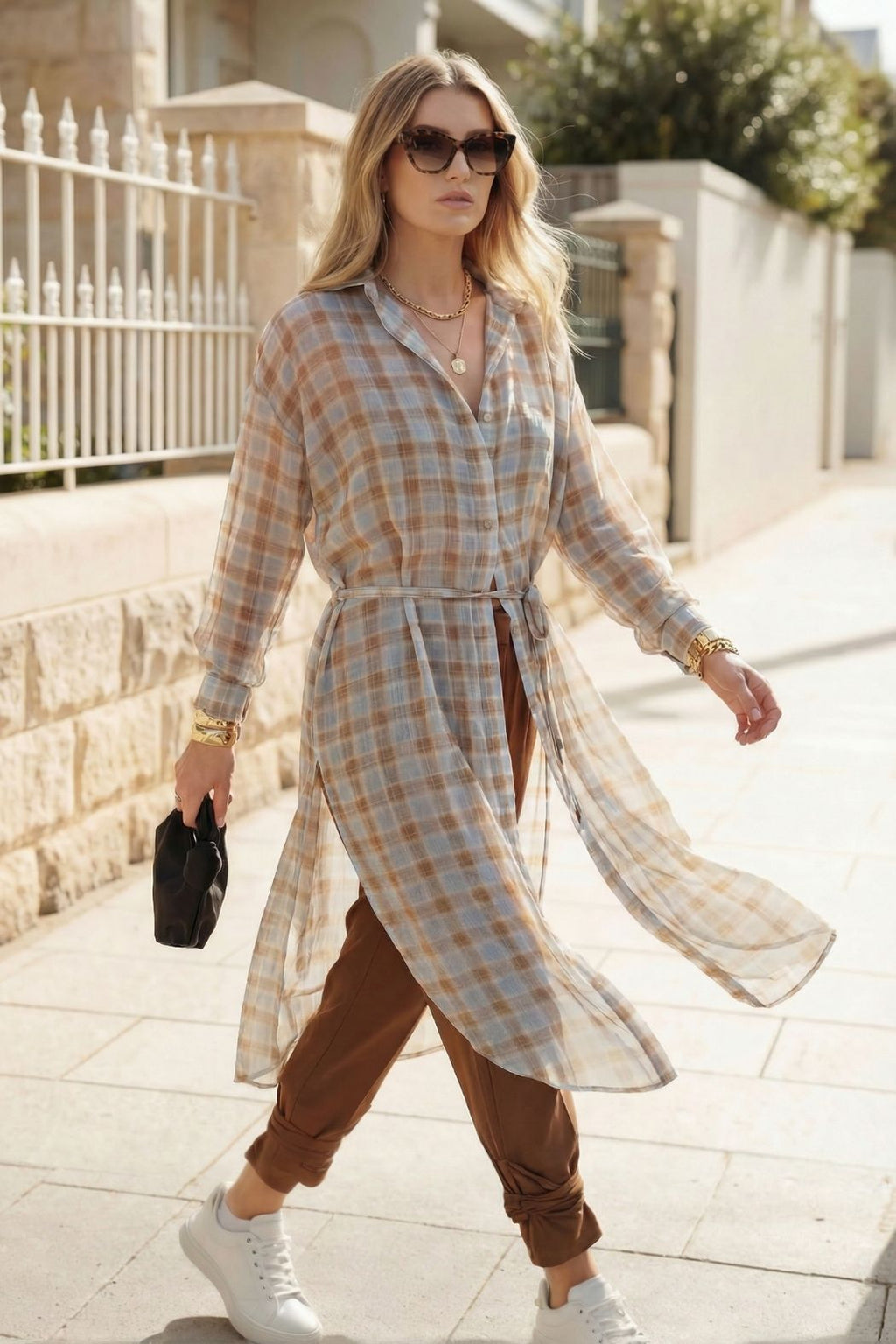 Blue/Tan Long Chiffon Shirt