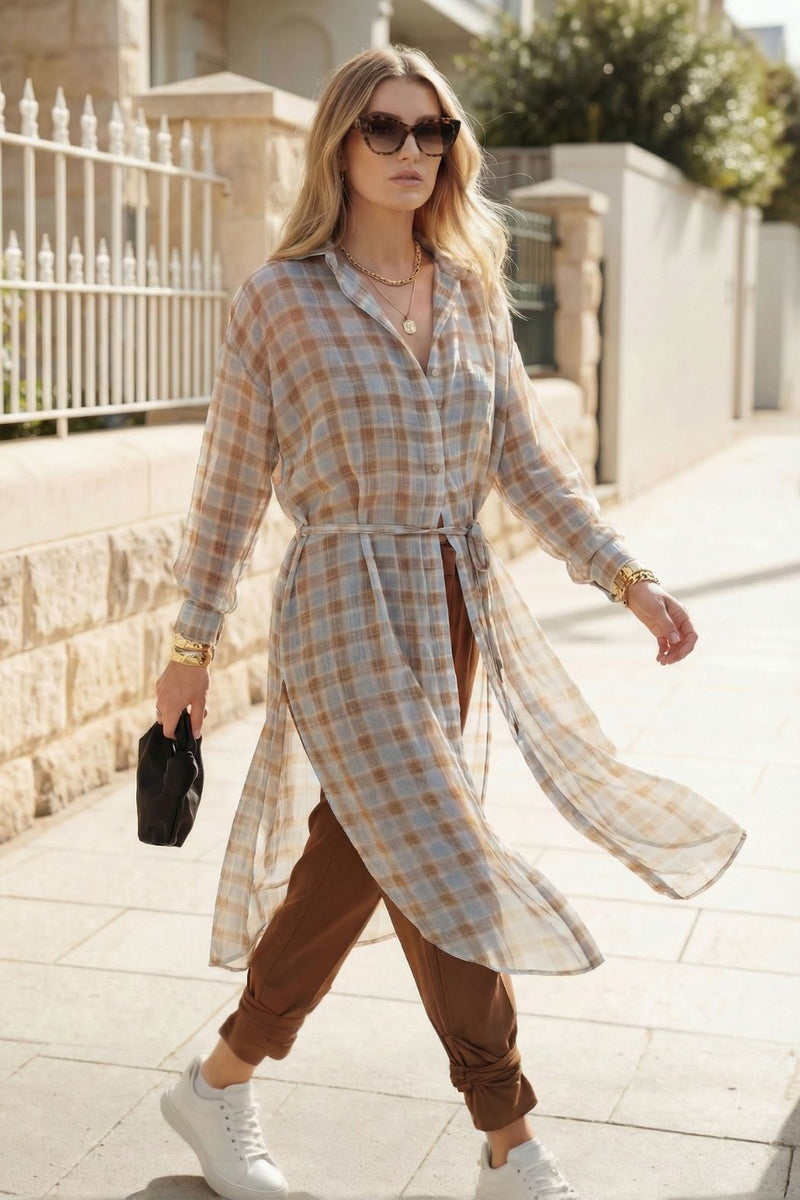 Blue/Tan Long Chiffon Shirt