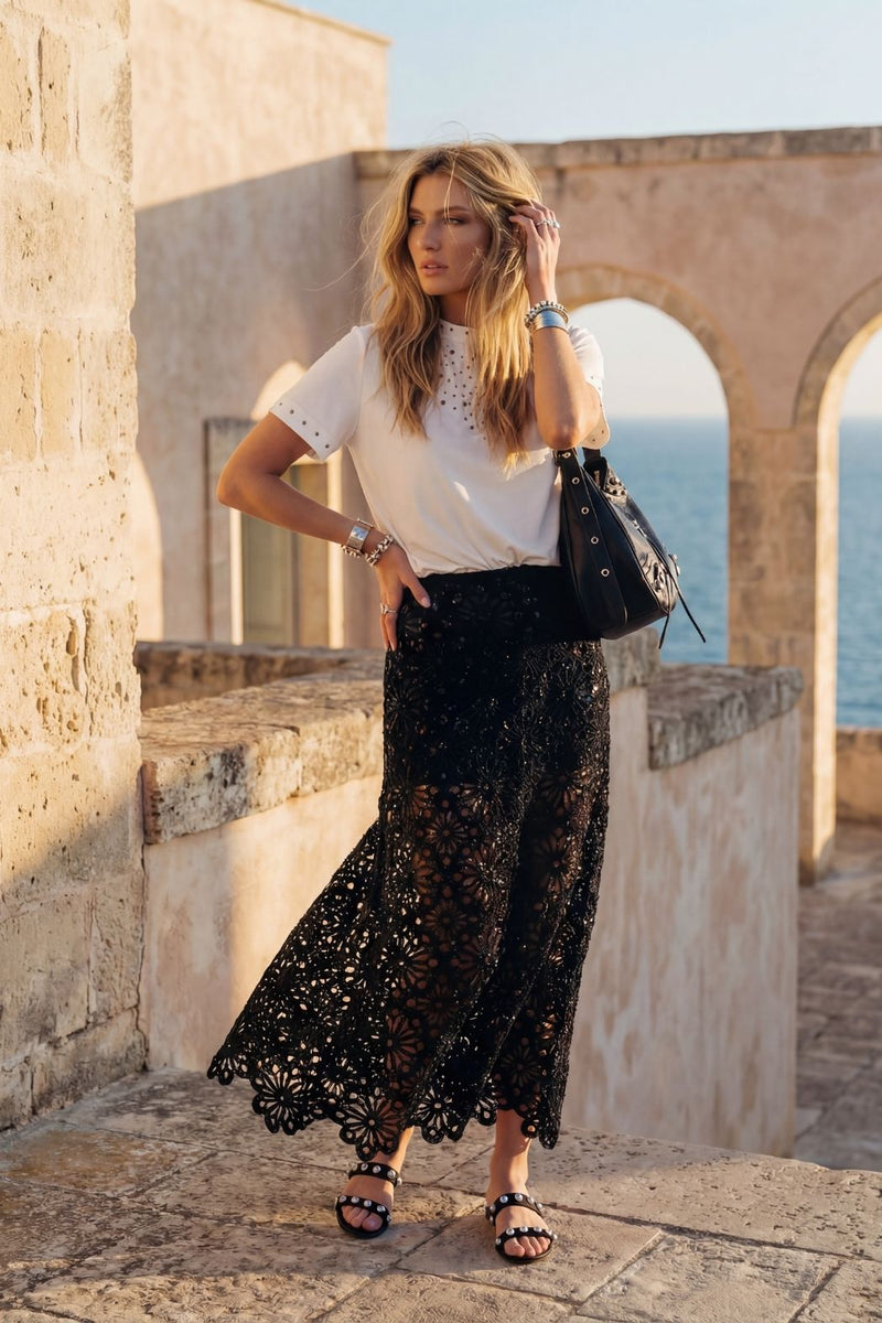 Black Luxe Cotton Crochet Skirt
