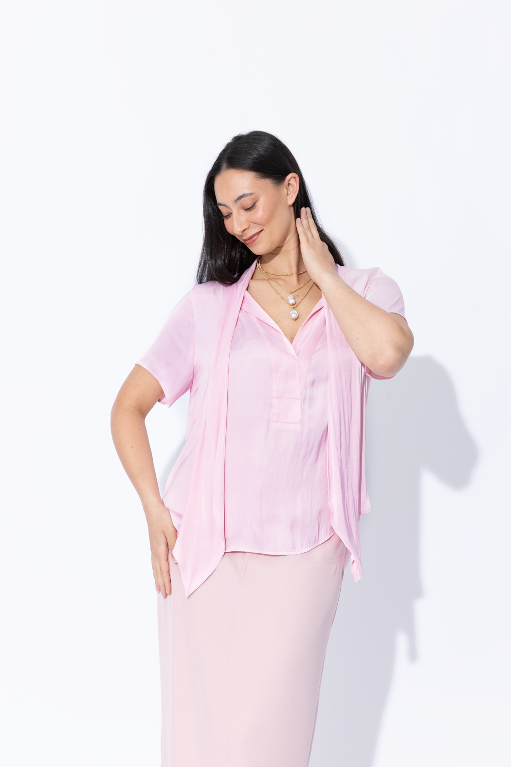 Pale Pink Silky Tie Collar Blogger Shirt