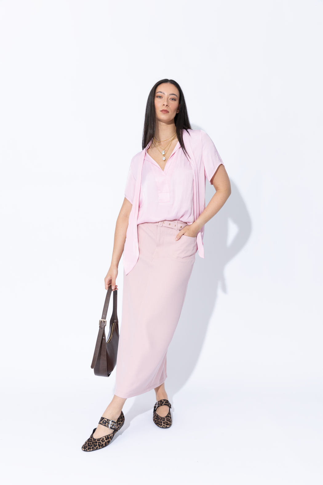 Pale Pink Silky Tie Collar Blogger Shirt