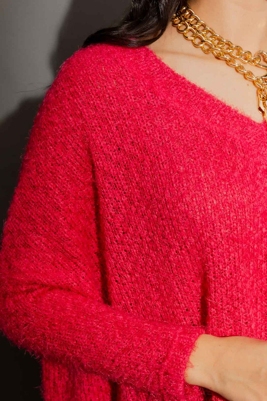 Raspberry Fluffy V Neck Jumper