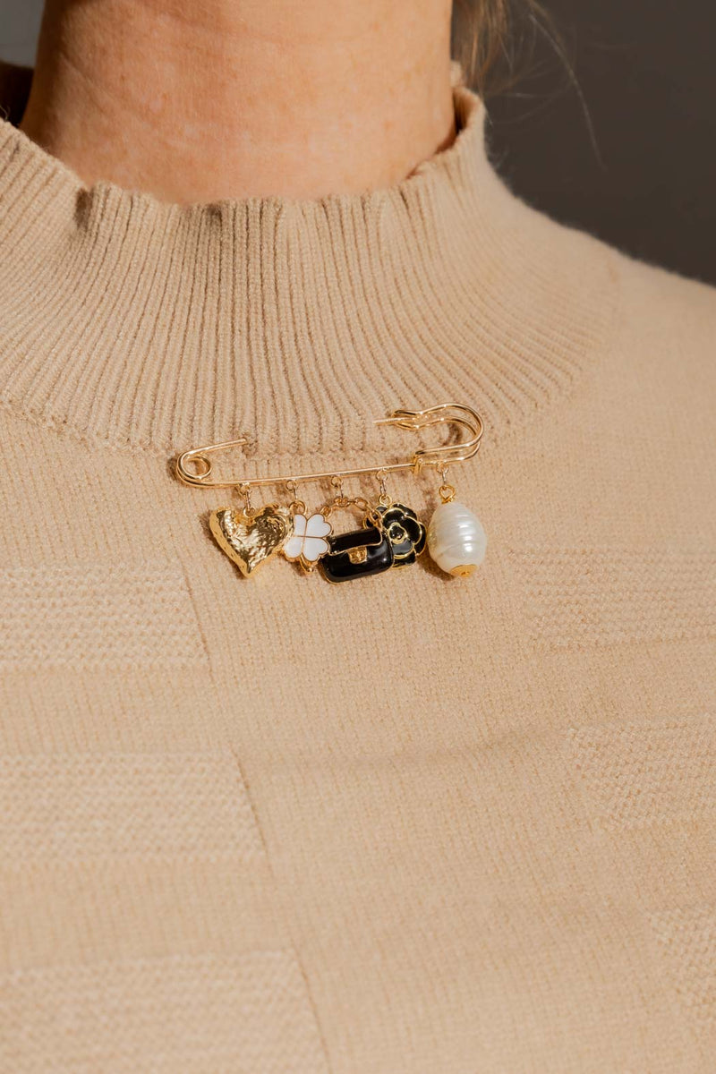 Gold Pin Brooch With Charms