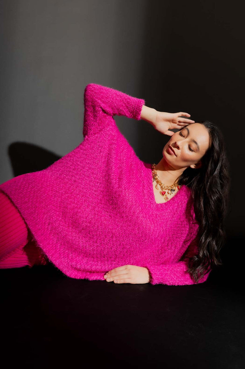 Pink Fluffy V Neck Jumper