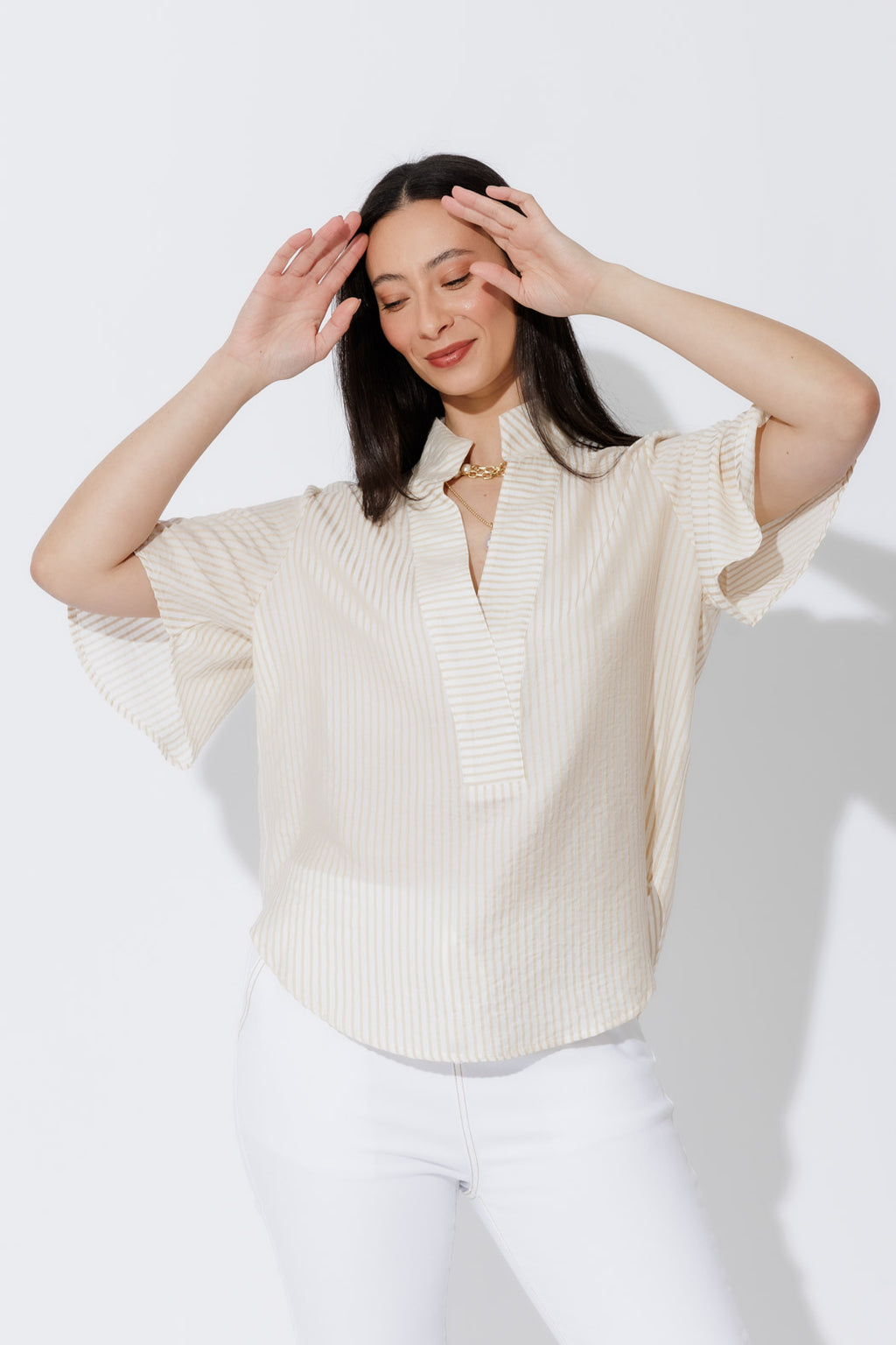 Tan Stripe Milan Fluted Blogger Shirt