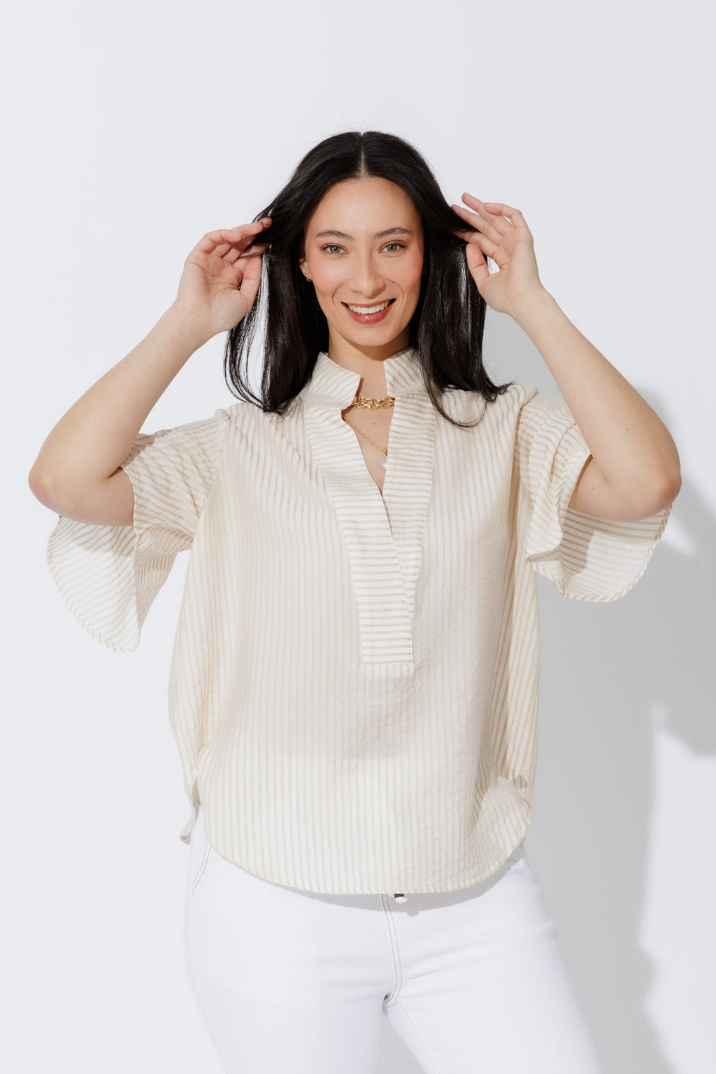 Tan Stripe Milan Fluted Blogger Shirt