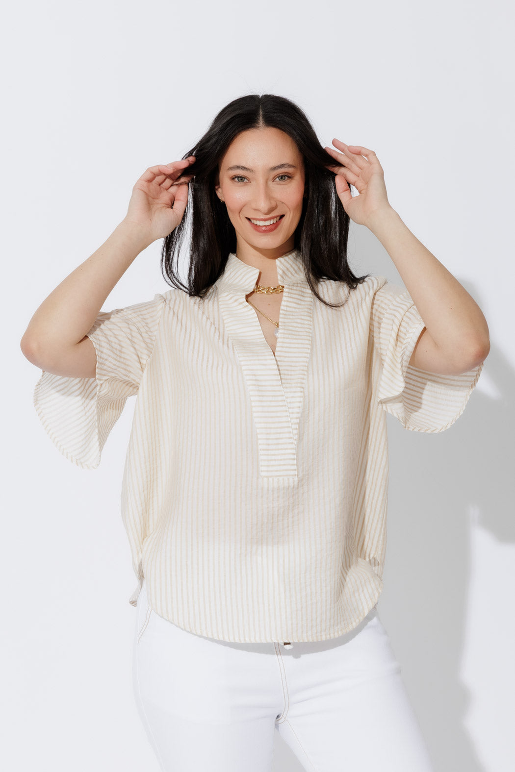 Tan Stripe Milan Fluted Blogger Shirt