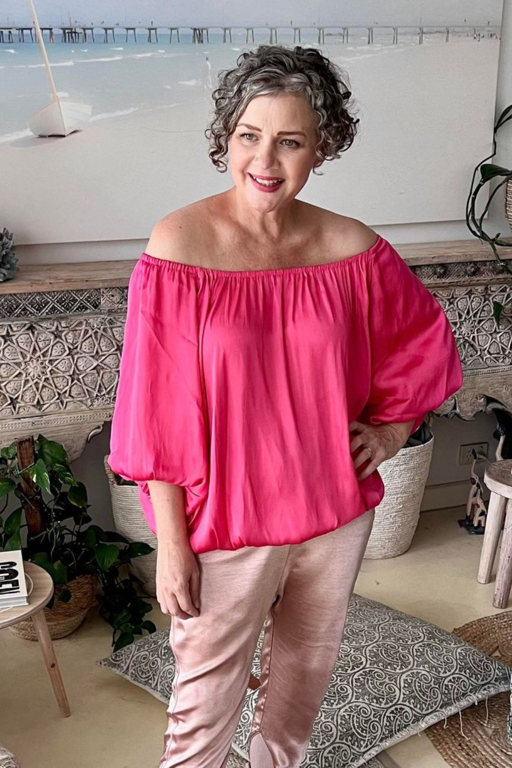 Hot Pink Silky Off Shoulder Top NT