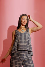 Navy Check Linen Bell Top