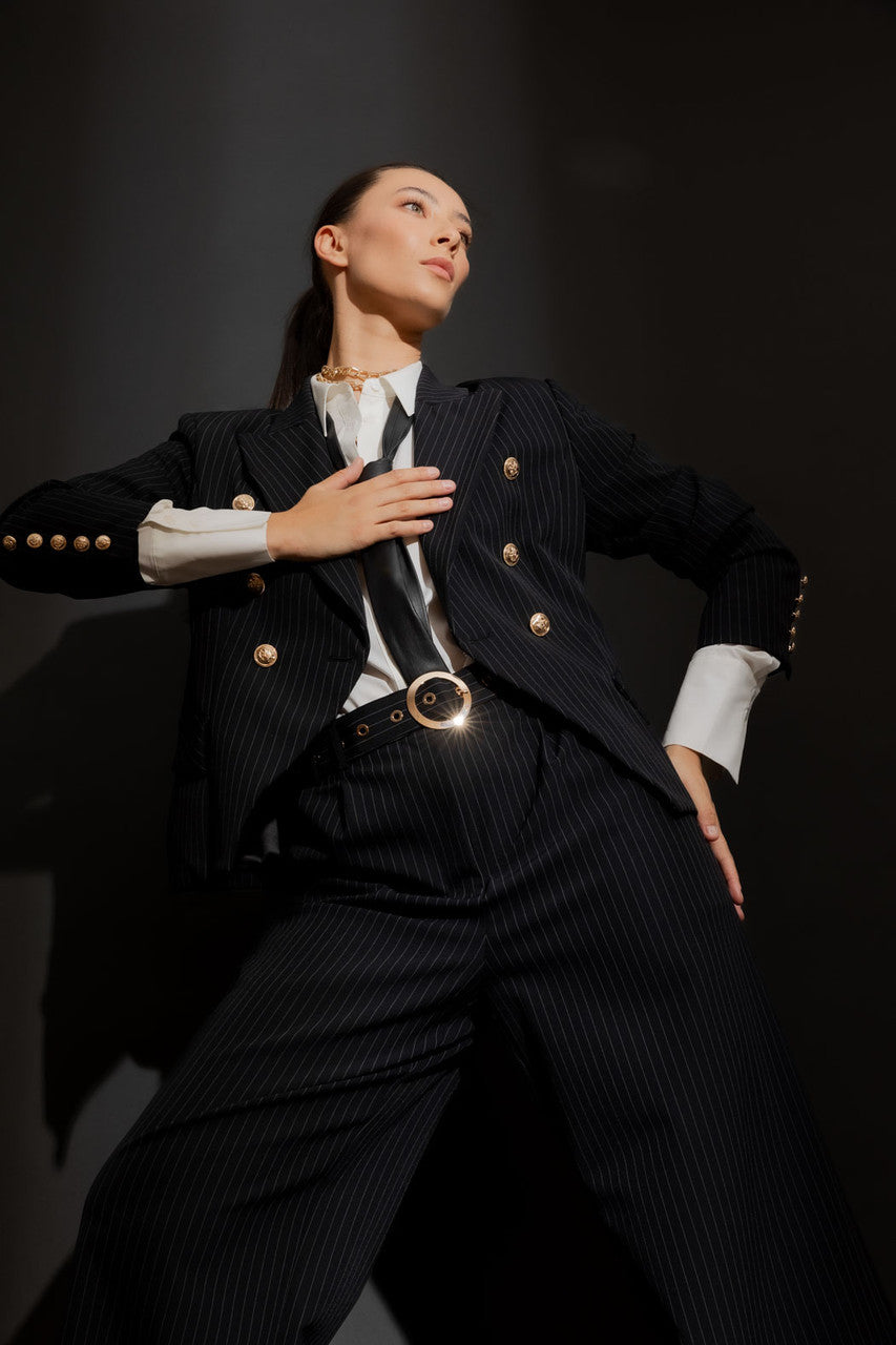 Black Stripe Sisca Midi Blazer Black Stripe