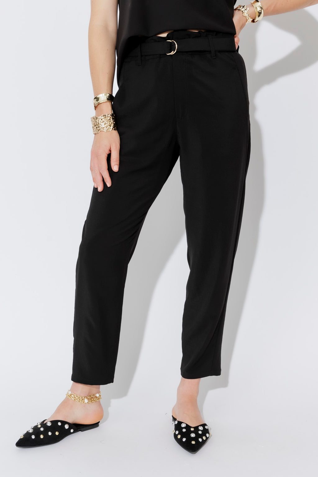 Black Cupro/Linen Paperbag Pant