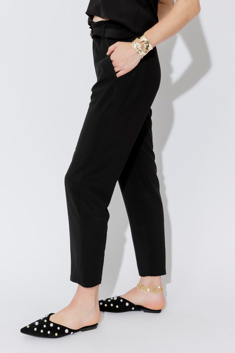 Black Cupro/Linen Paperbag Pant