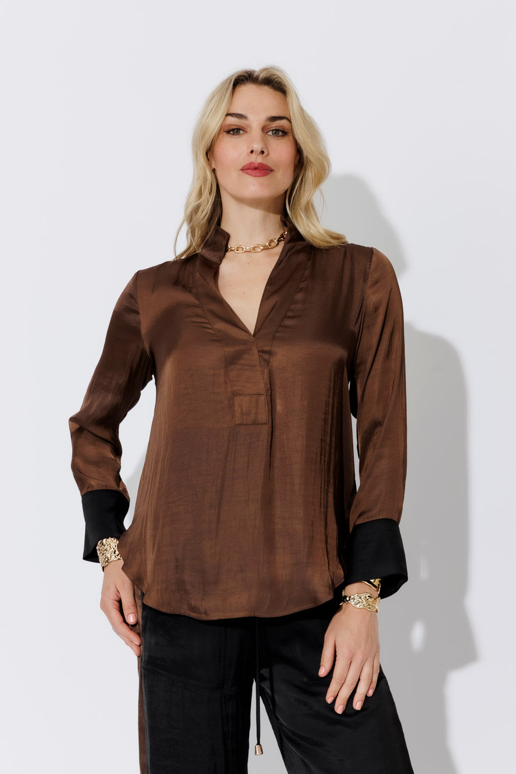 Mocha Glow Cuffed Blogger Shirt