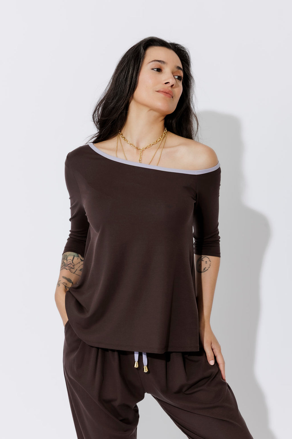 Soft Chocolate Tencel Contrast Off Should Top