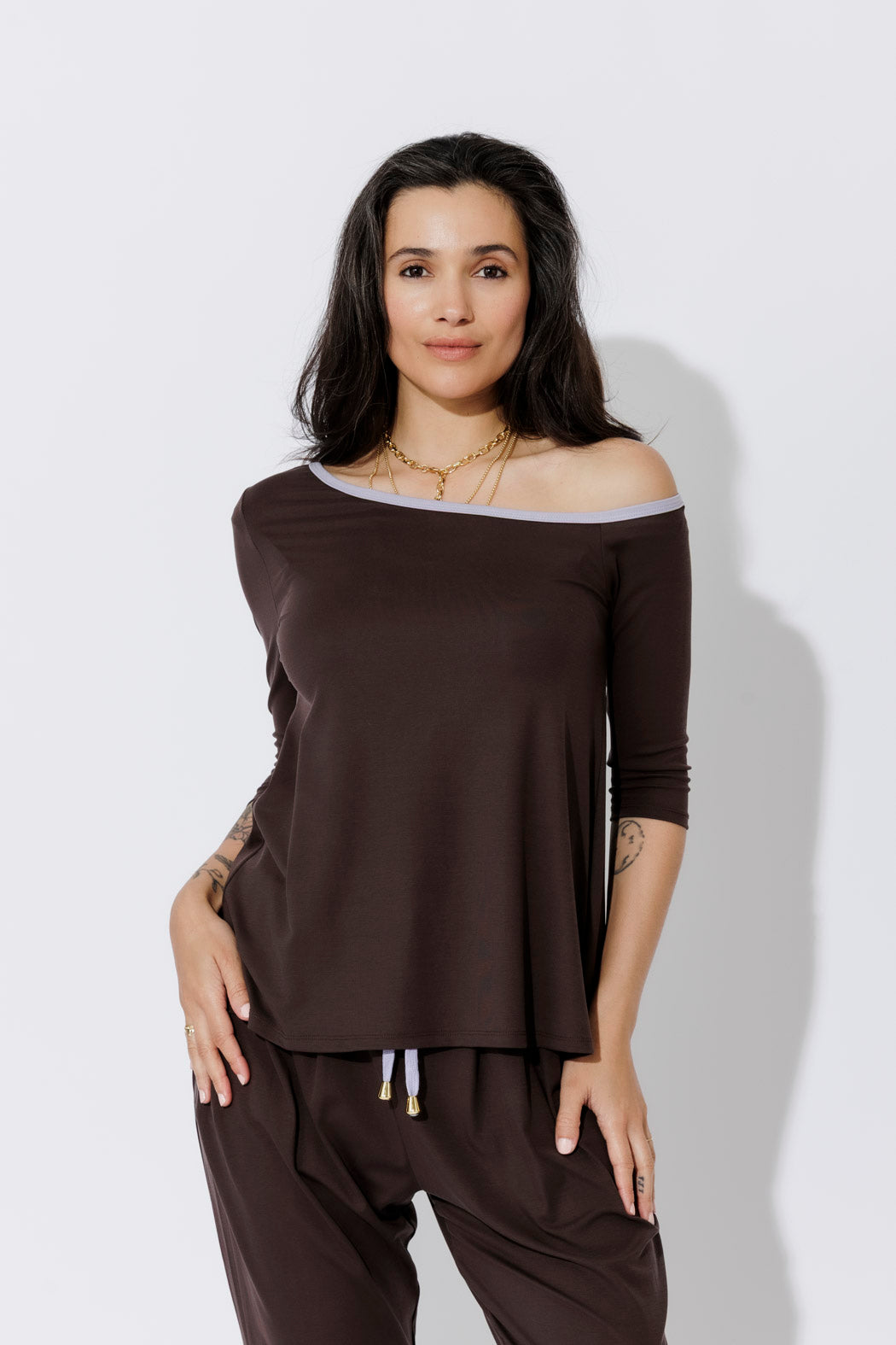 Soft Chocolate Tencel Contrast Off Should Top