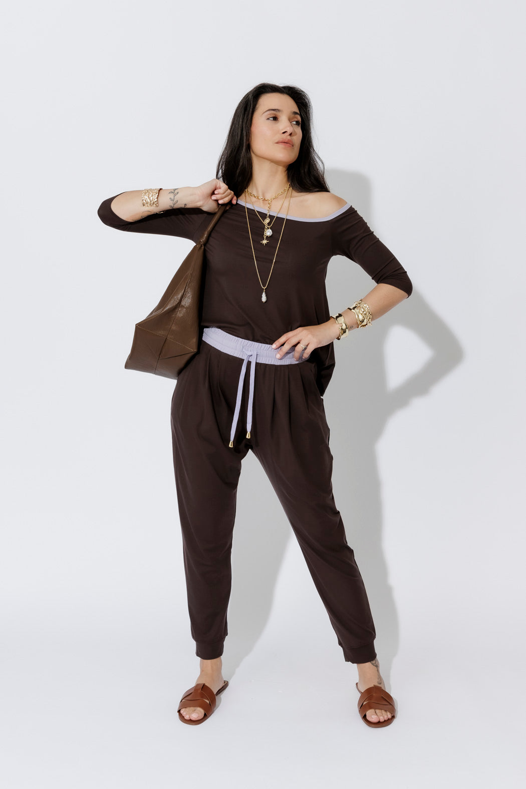Soft Chocolate Tencel Contrast Slouch Pant
