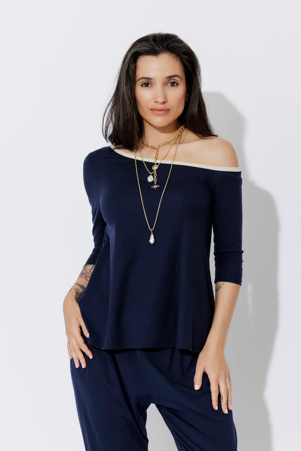 Navy Tencel Contrast Off Shoulder Top