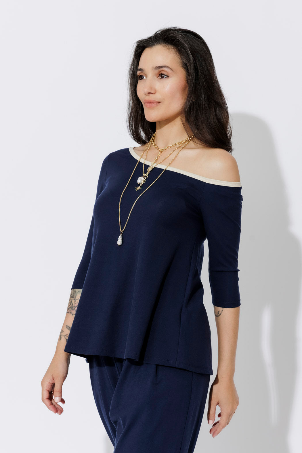 Navy Tencel Contrast Off Shoulder Top