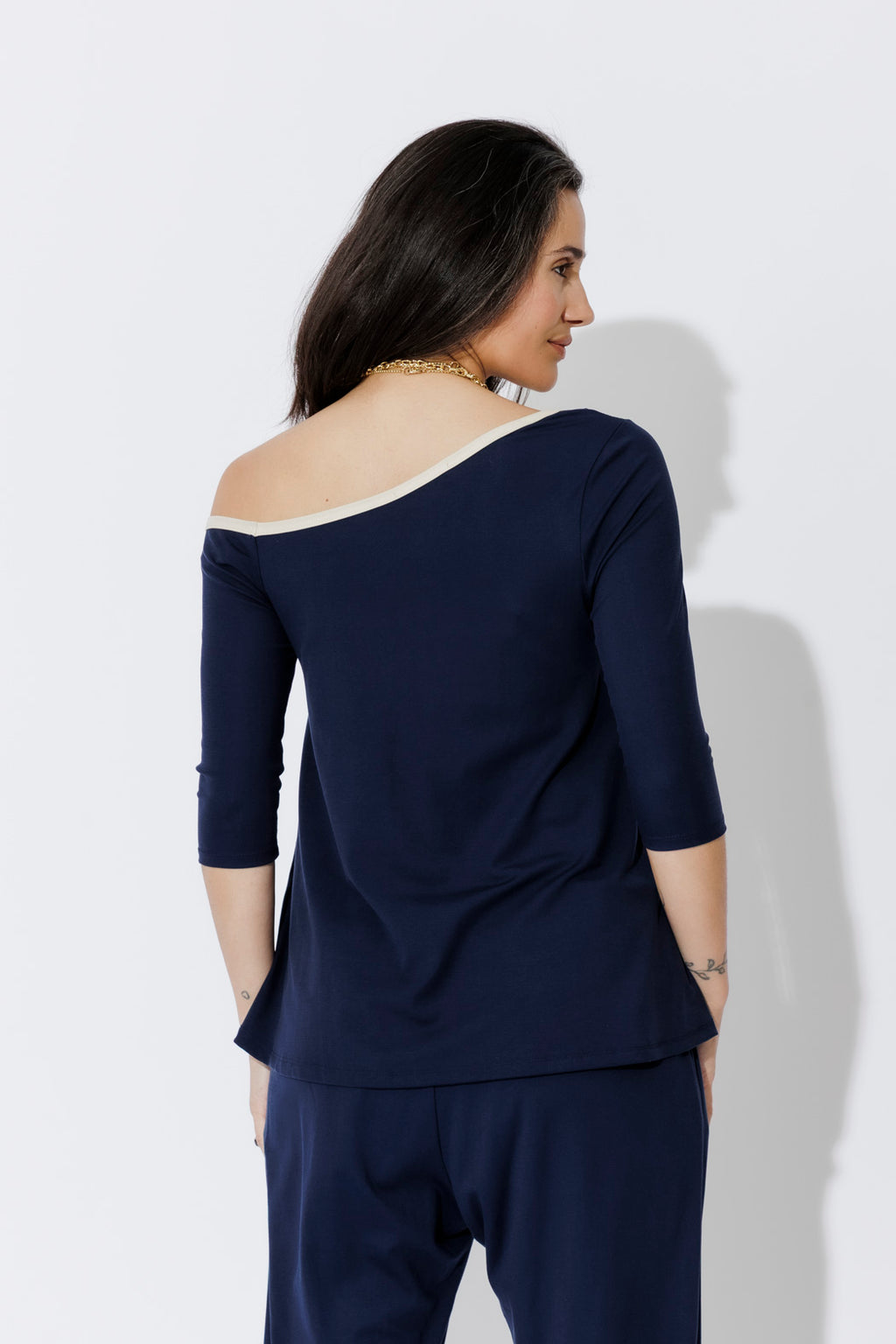 Navy Tencel Contrast Off Shoulder Top