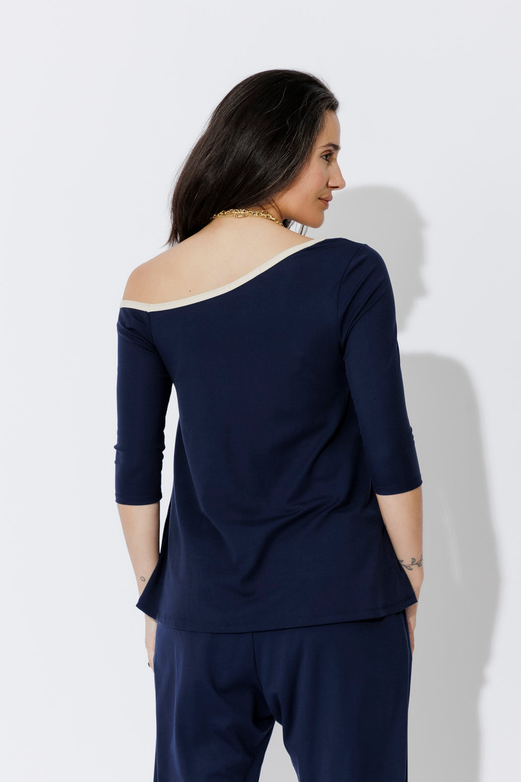 Navy Tencel Contrast Off Shoulder Top