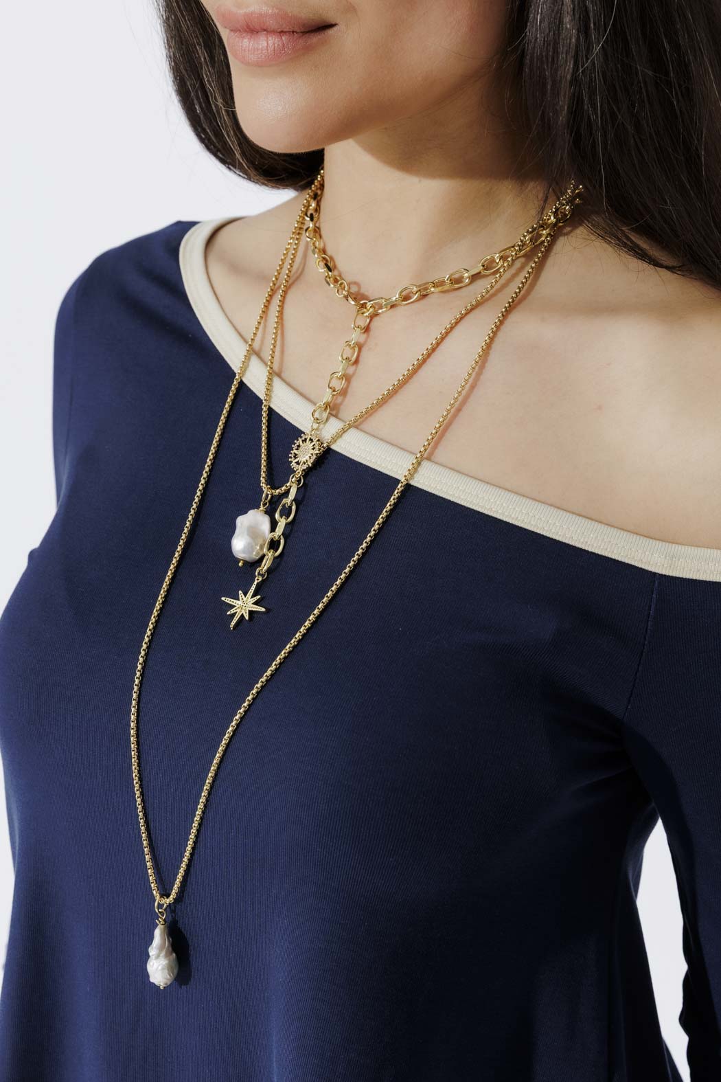 Navy Tencel Contrast Off Shoulder Top