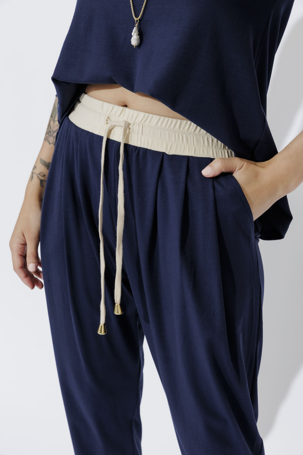 Navy Tencel Contrast Slouch Pant