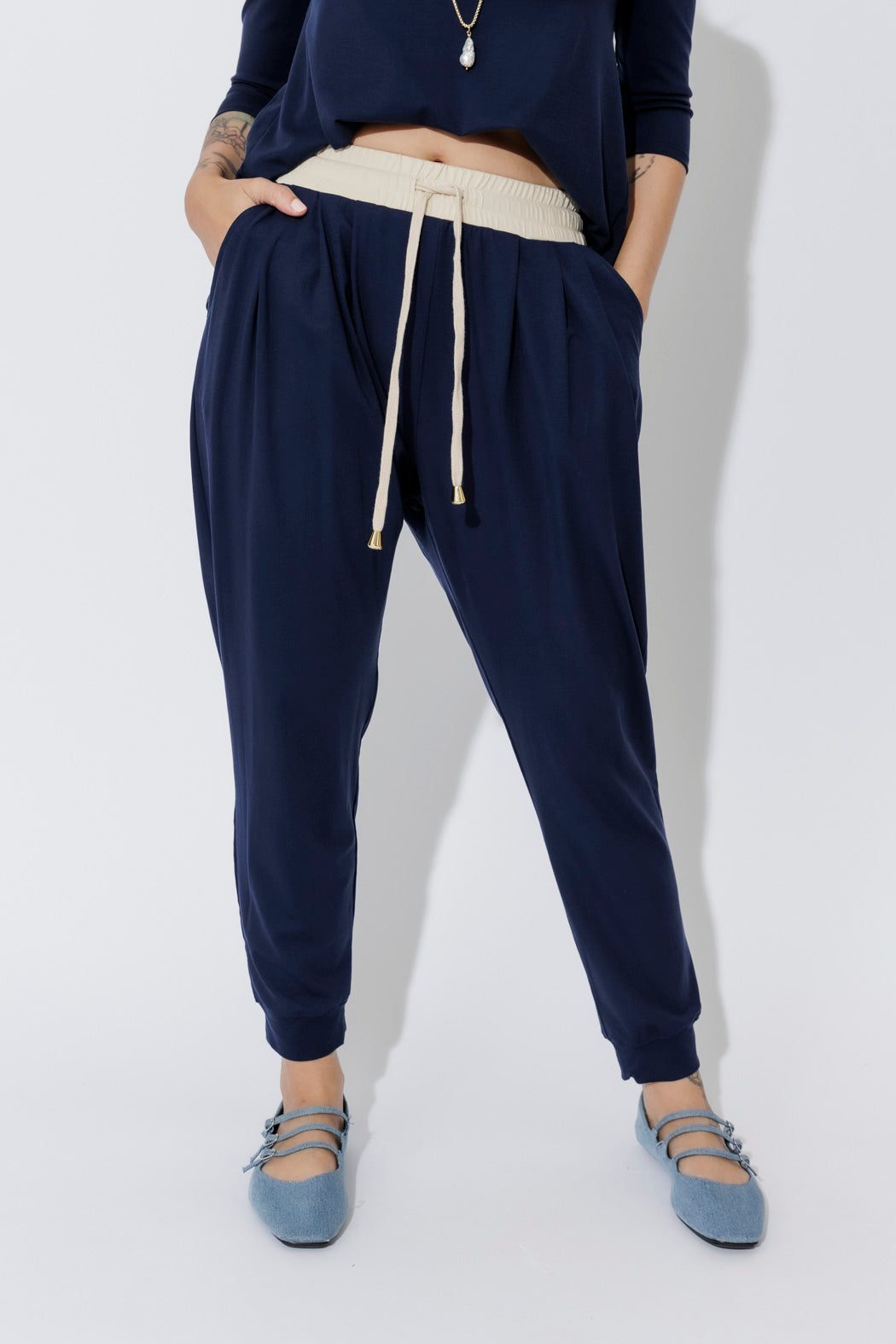 Navy Tencel Contrast Slouch Pant