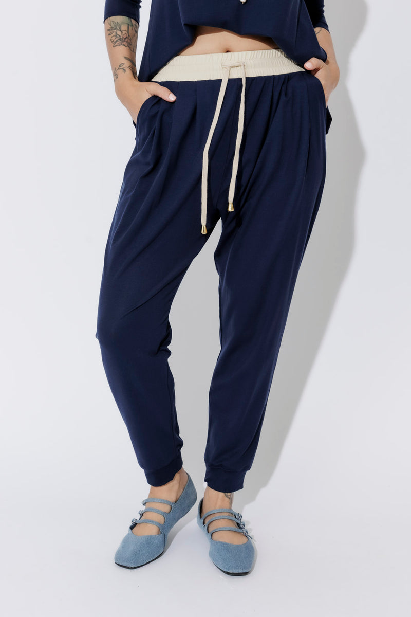 Navy Tencel Contrast Slouch Pant