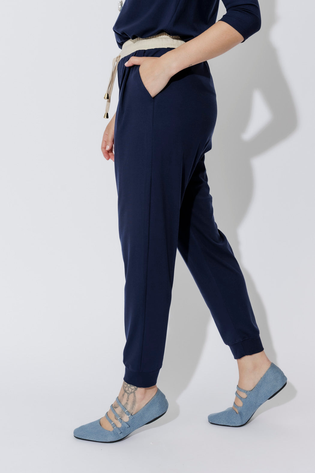 Navy Tencel Contrast Slouch Pant