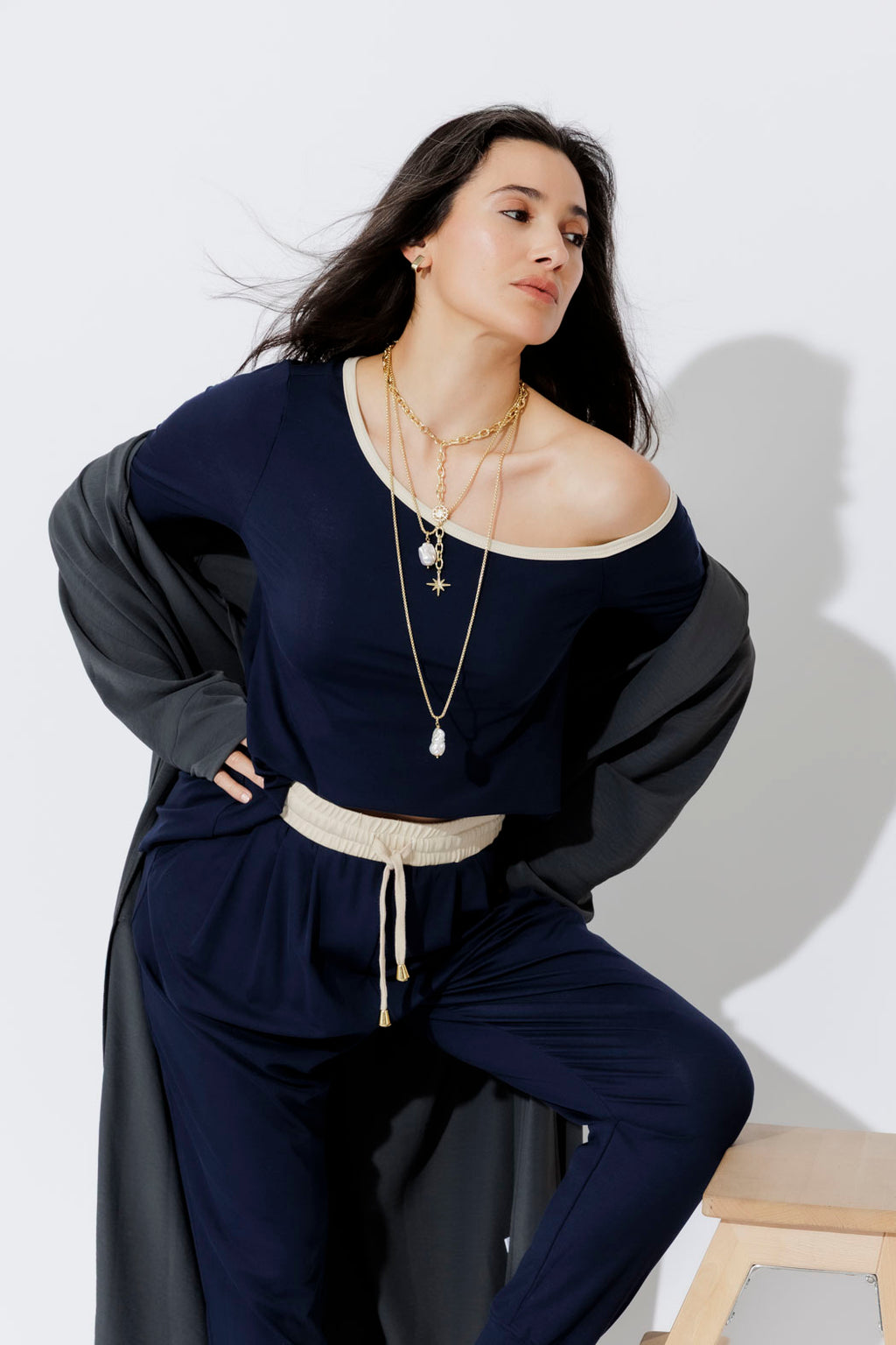 Navy Tencel Contrast Off Shoulder Top